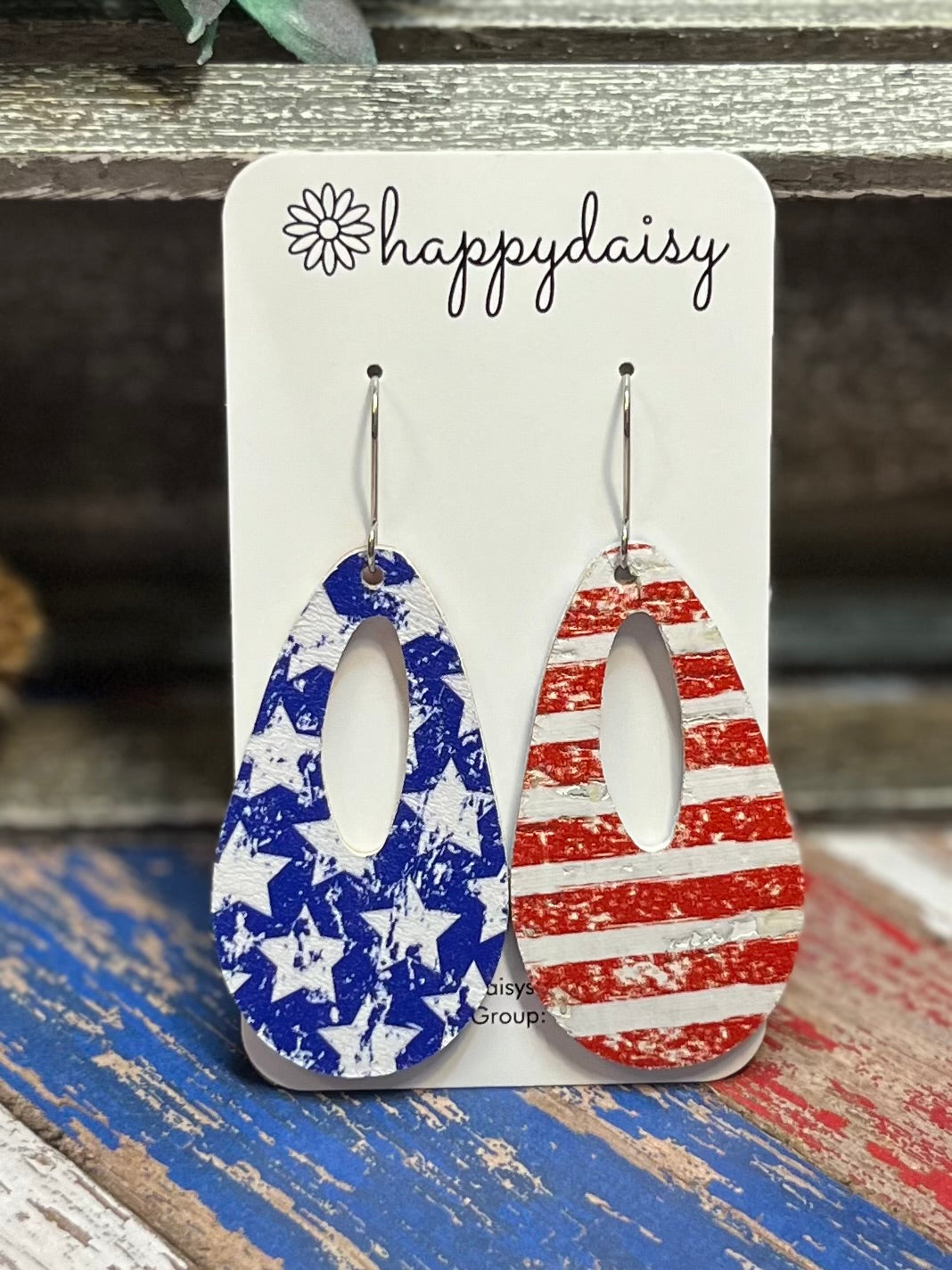 Patriotic Stars and Stripes Weathered-Look Cork on Leather "Jessie" Open Teardrop Earrings