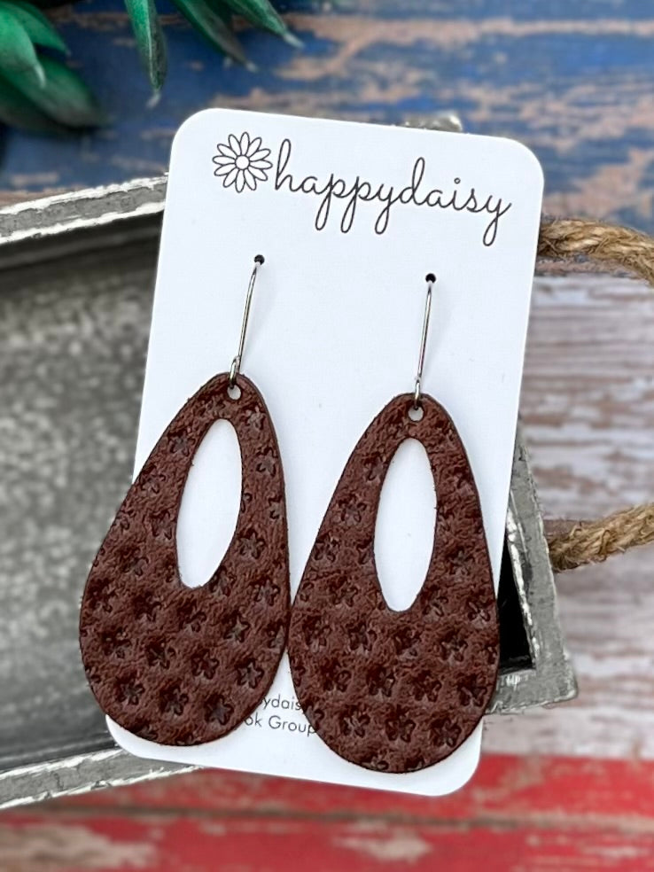 Brown Star Embossed Leather Open Teardrop "Jessie" Earrings