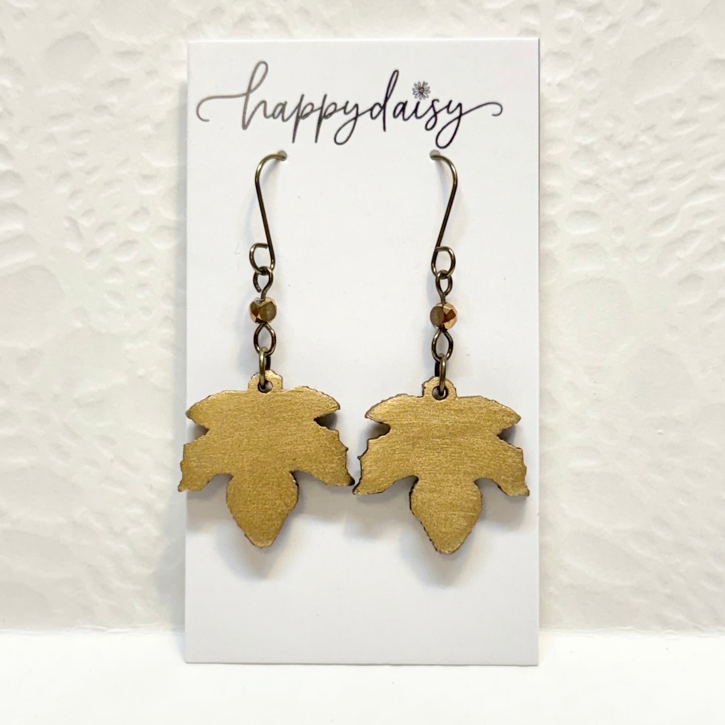 Fall Leaf Gold Wooden Earrings with Bead Accents