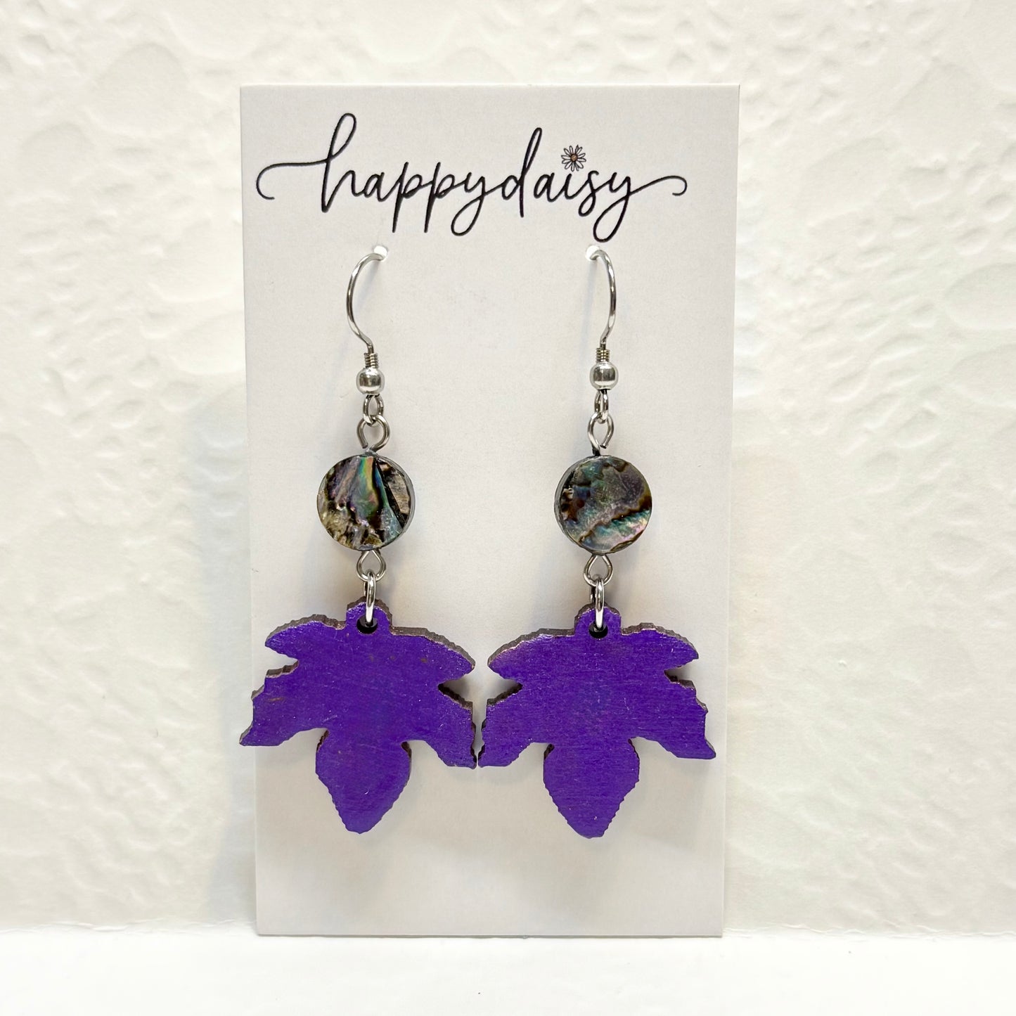 Fall Leaf Purple Wooden Earrings with Shell Bead Accents
