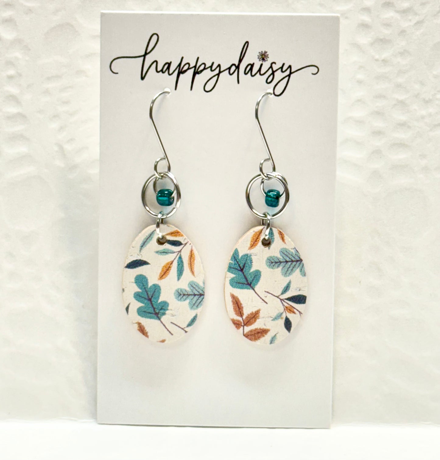 Fall Leaf Print Orange Brown Turquoise Cork on Leather Earrings