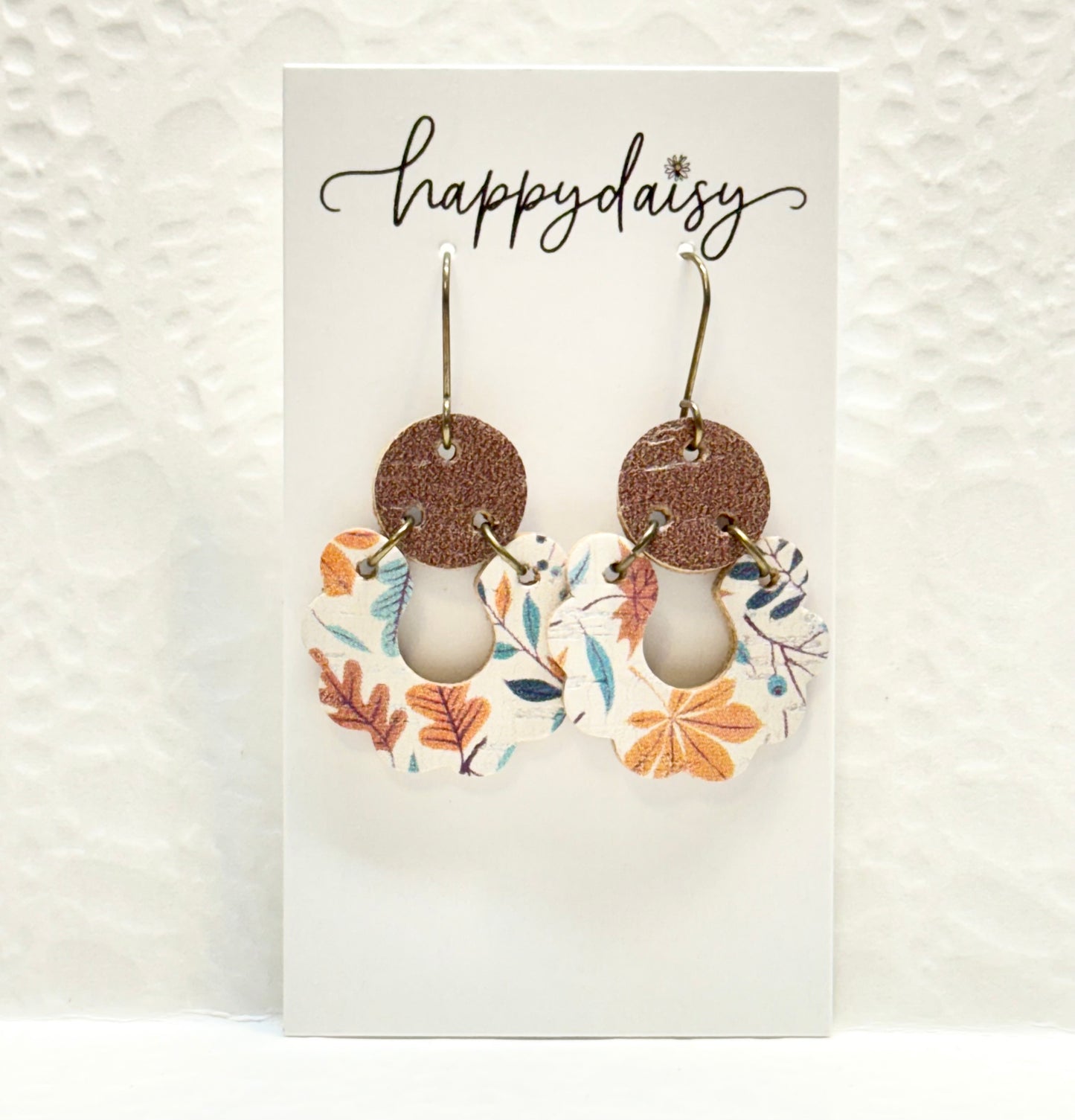 Fall Leaf Print Orange Brown Scalloped Cork on Leather Earrings