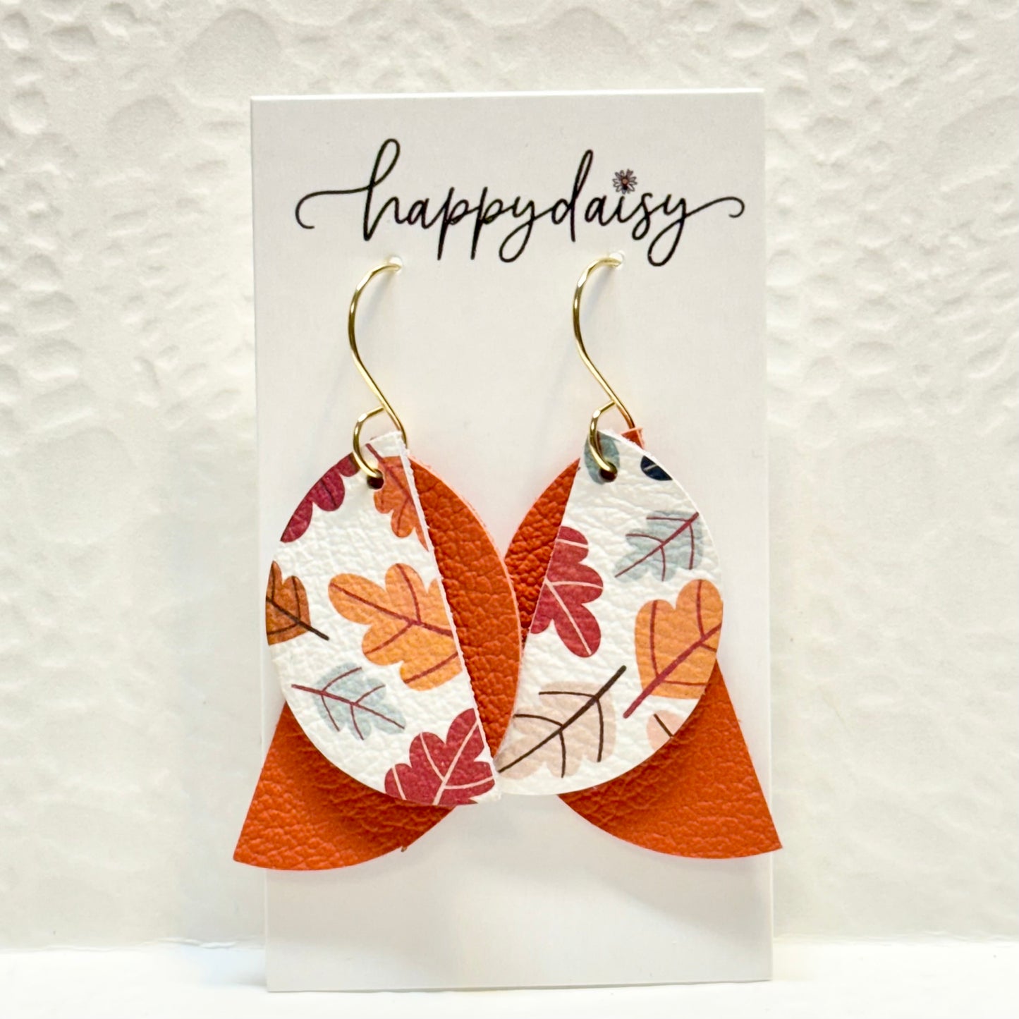 Fall Leaf Print Orange Red Leather Earrings