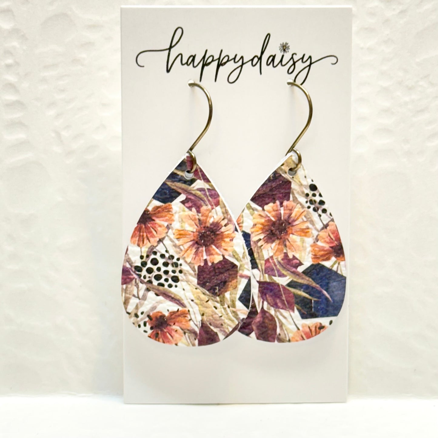 Fall Floral Print Burgandy Orange Leather Teardrop Earrings
