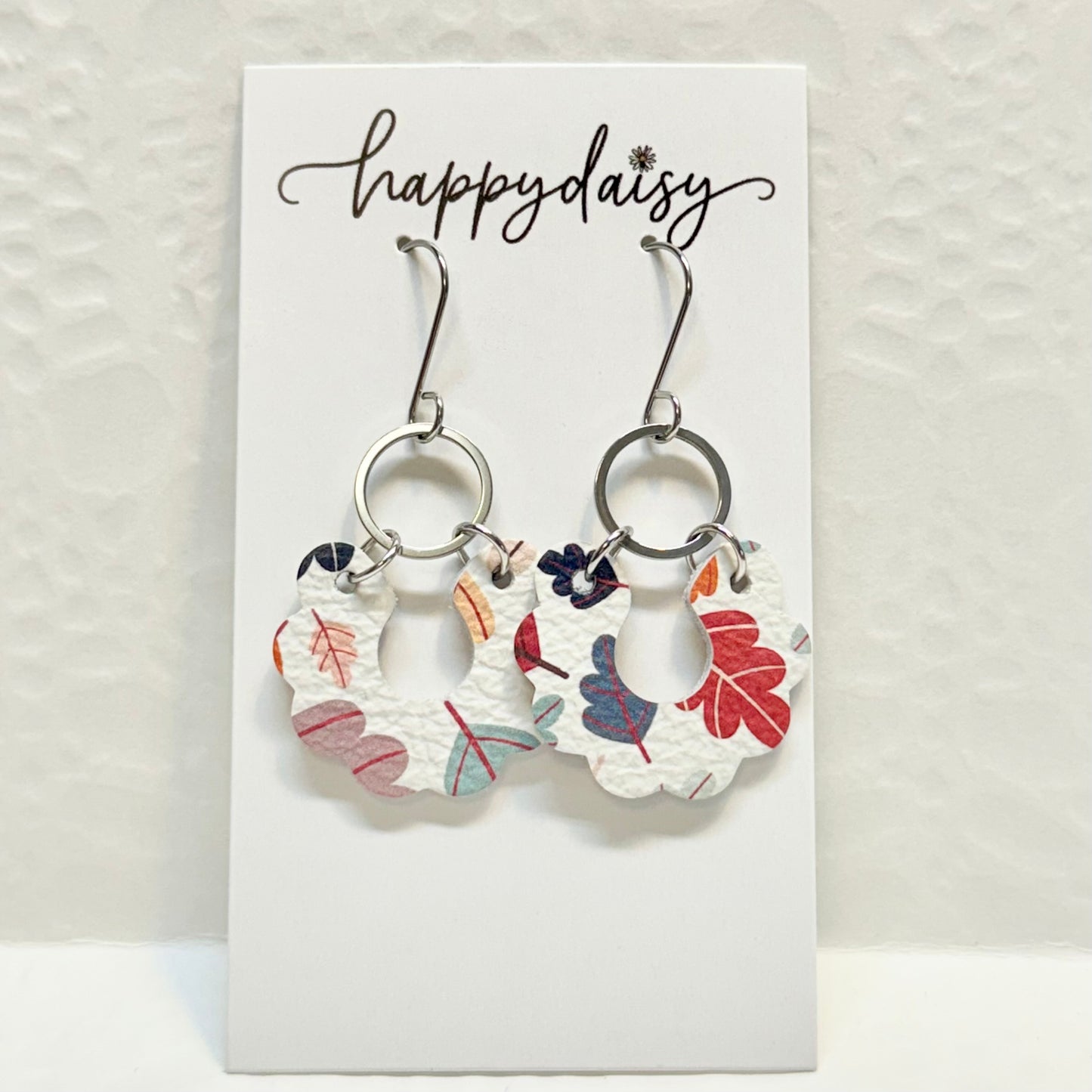 Fall Leaf Print Scalloped Leather Earrings