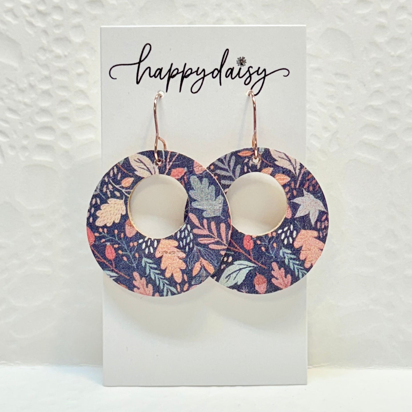 Fall Leaf Print on Navy Cork on Leather Earrings