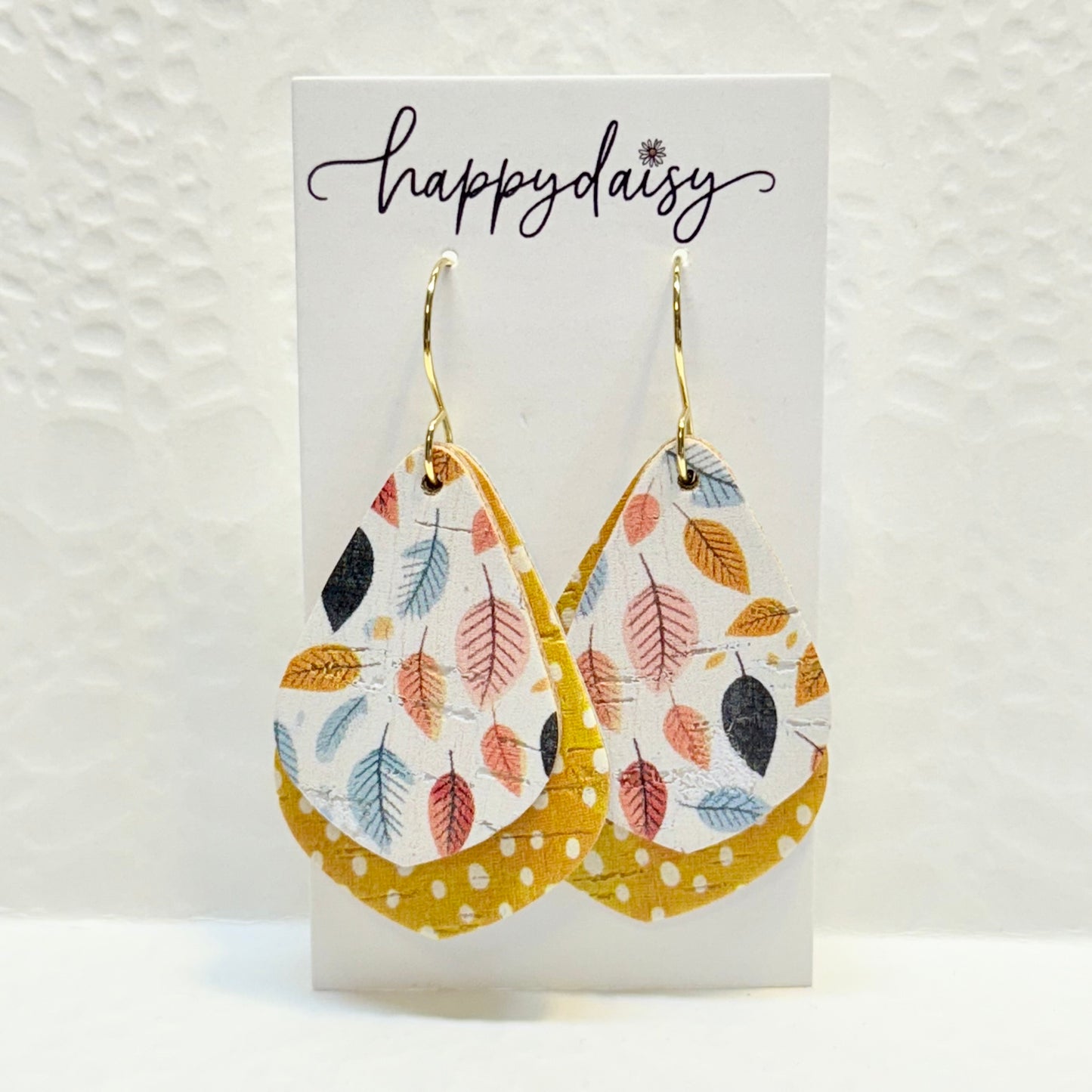 Fall Leaf Print Double Layer Cork on Leather Earrings