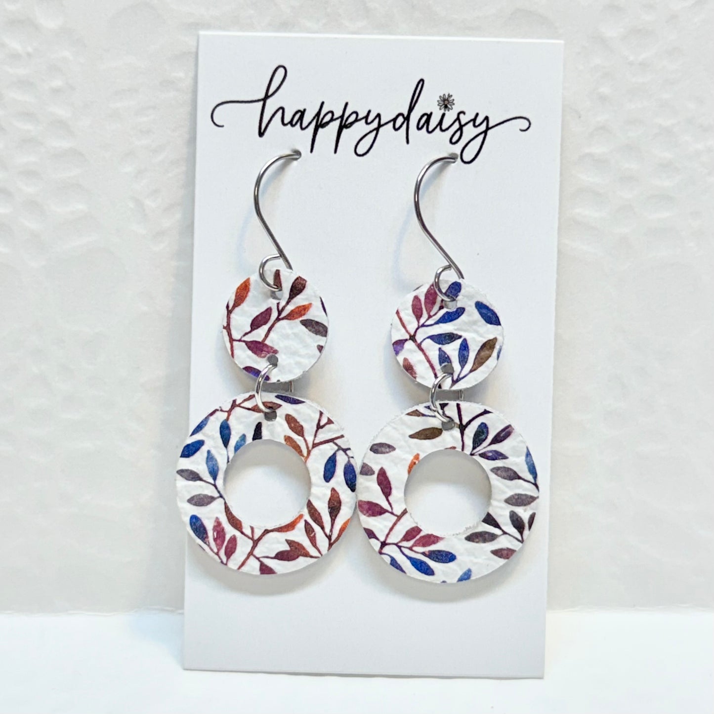 Fall Leaf Print Blue Burgundy Leather Earrings