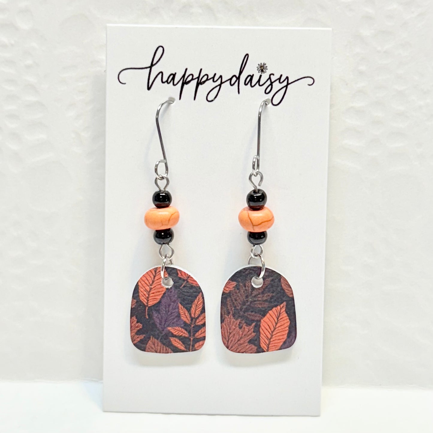 Fall Leaf Print on Black Leather Earrings with Bead Accents
