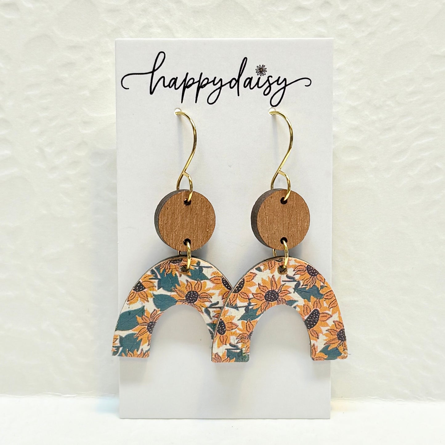 Fall Sunflower Print Cork on Leather Earrings