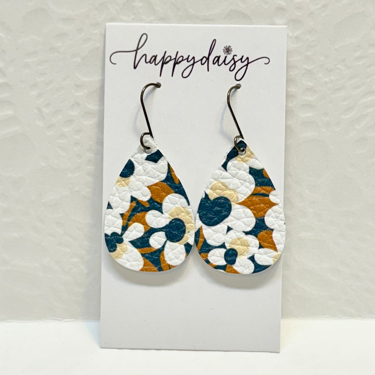 Fall Floral Print Navy Brown Leather Teardrop Earrings