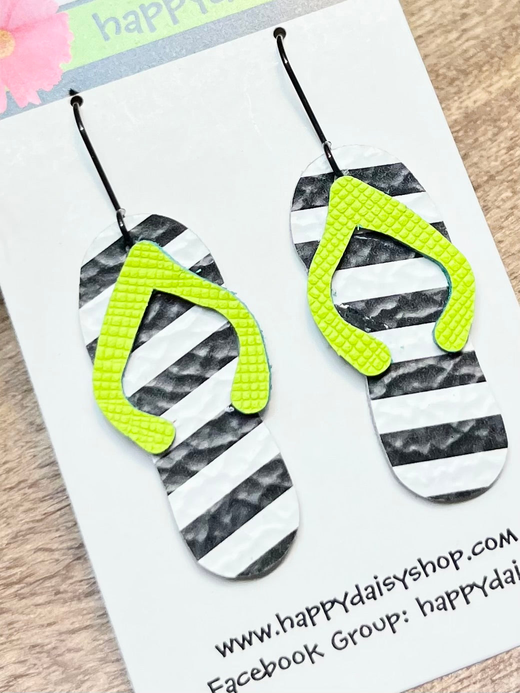Flip Flop Neon Green, Black, White Leather Summer Earrings