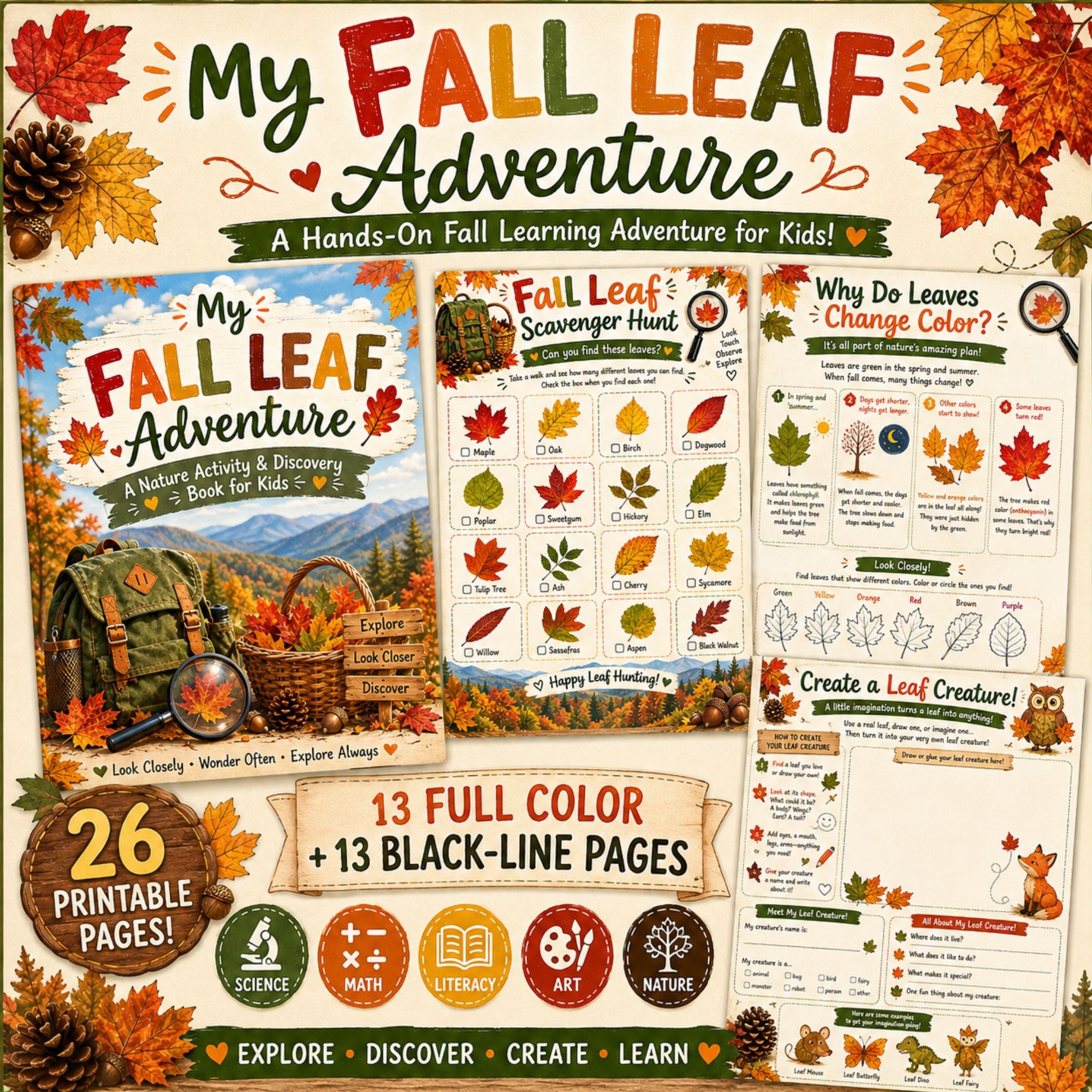 Fall Nature Walk Printable Activity Pack | Color + Blackline