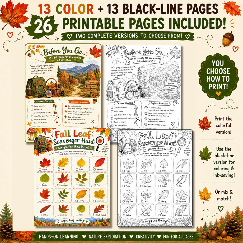 Fall Nature Walk Printable Activity Pack | Color + Blackline
