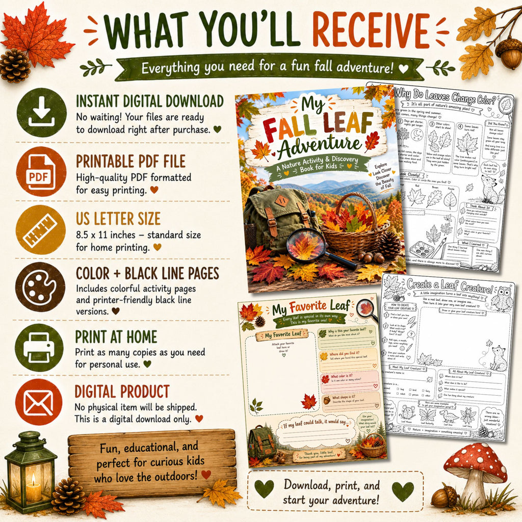 Fall Nature Walk Printable Activity Pack | Color + Blackline
