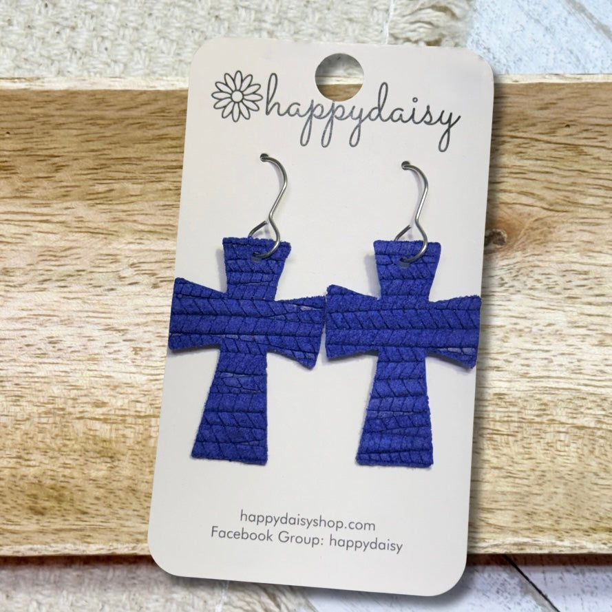 Embossed Italian Leather Cross Earrings
