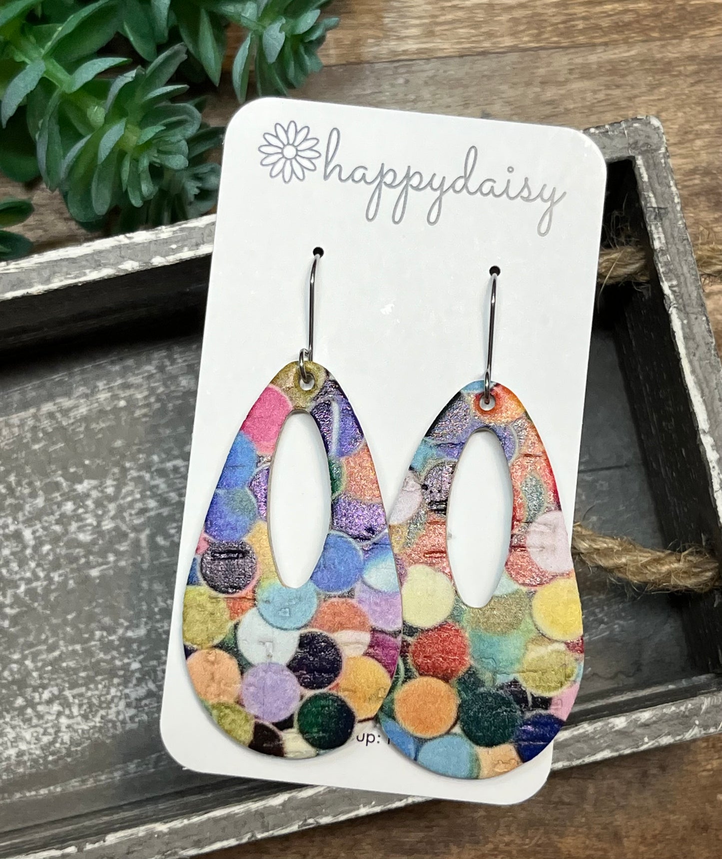 Confetti Print Multicolor Cork on Leather Open Teardrop "Jessie" Earrings