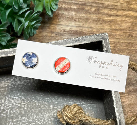 Patriotic Stars and Stripes Rustic Cork on Leather 10 mm Stud Earrings