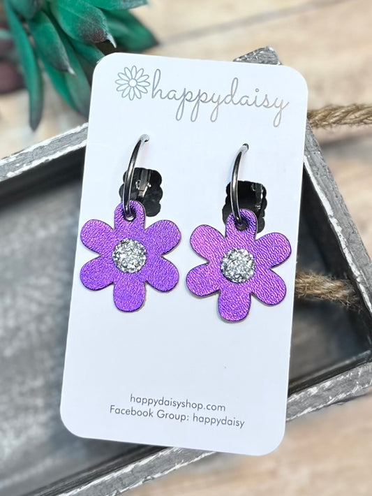 Purple Leather Flowers on Hoops "Shannon" Earrings