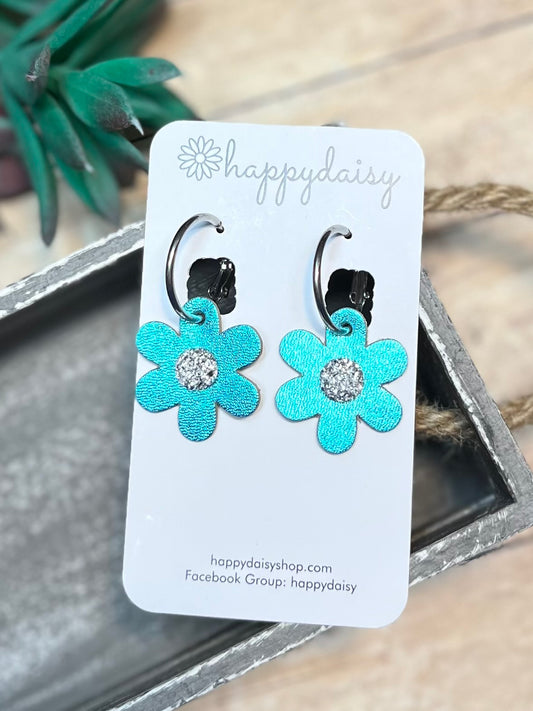 Turquoise Leather Flowers on Hoops "Shannon" Earrings