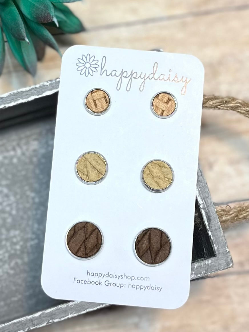 Leather Stud Earring 3-Pack in Neutral Pecan, Beige, and Brown Weave