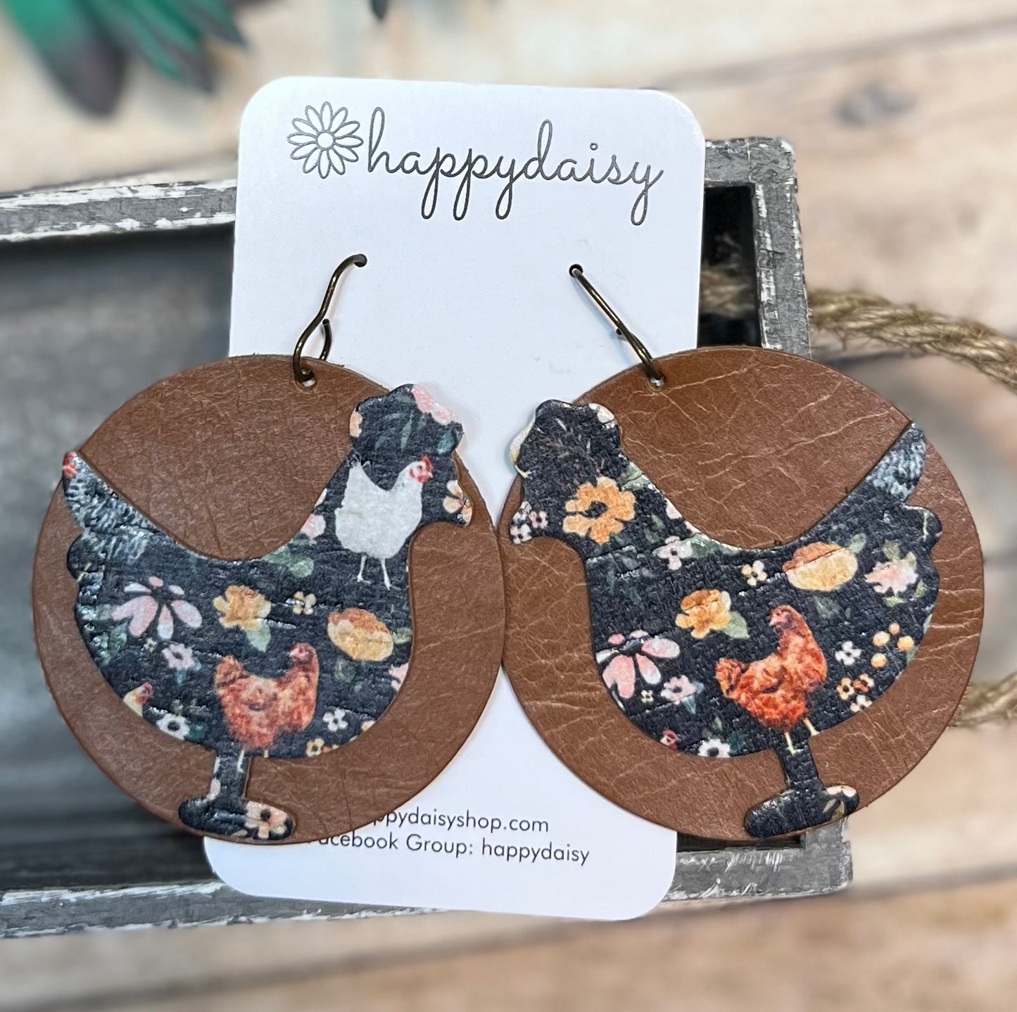 Chicken Earrings in a Chicken Floral Print Cork on Leather