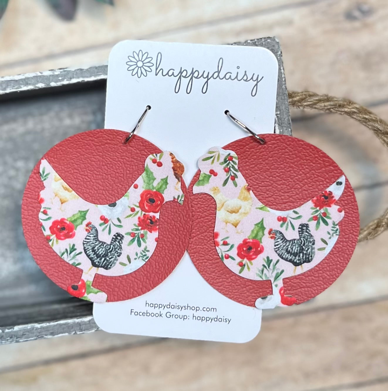 Chicken Earrings in a Pink Chicken and Floral Print Vinyl and Faux Leather