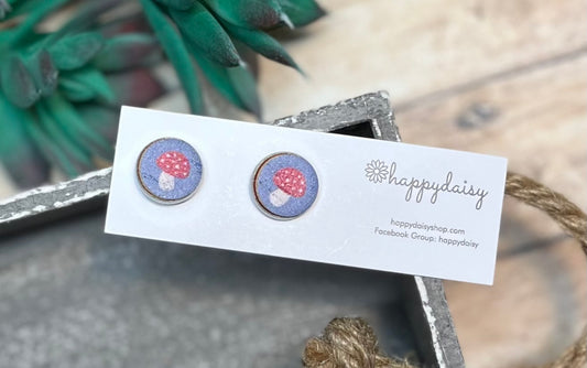 Little Toadstools Mushroom Print Cork on Leather 12 mm Stud Earrings