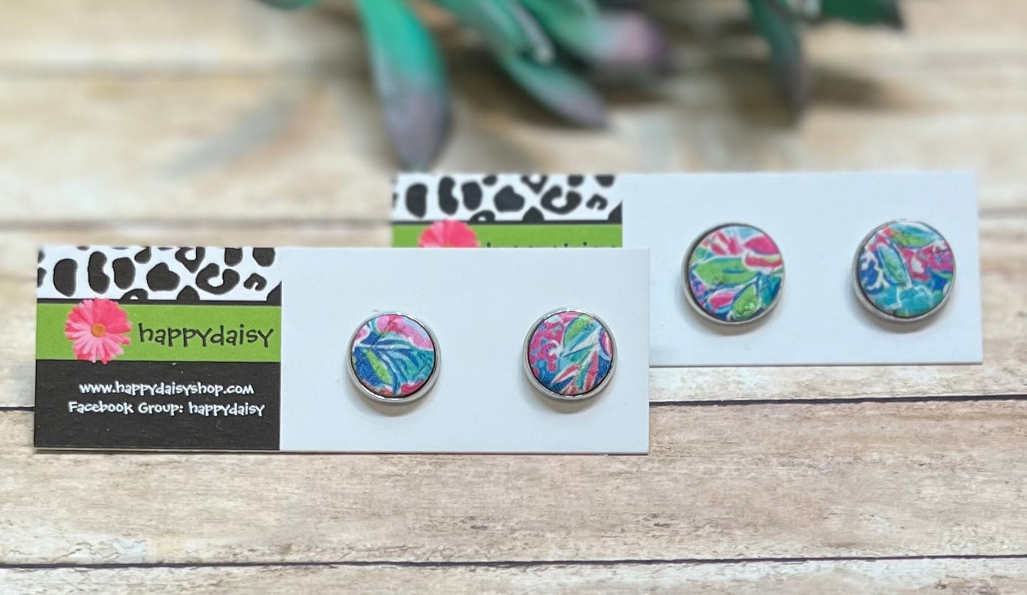 Vibrant Floral Print Cork on Leather Stud Earrings in Pinks, Blues, and Greens