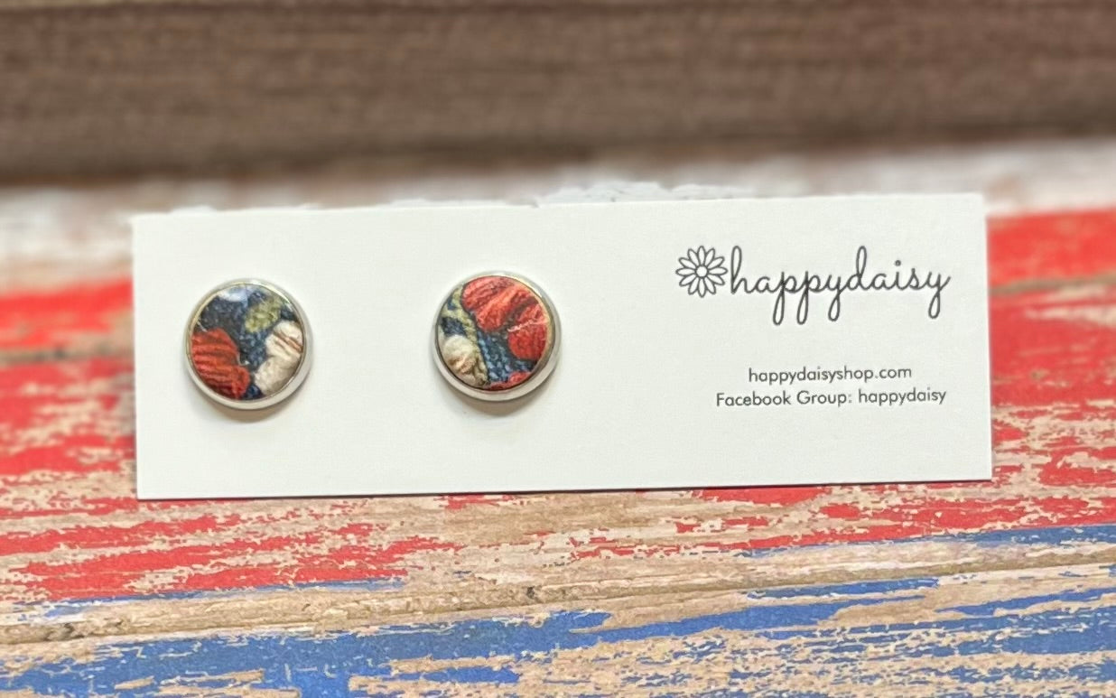 Patriotic Floral Print Red, White, and Blue Cork on Leather 10 mm Stud Earrings