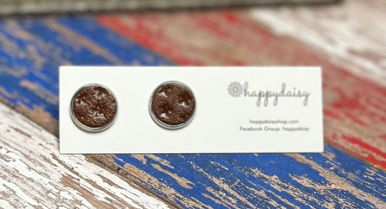 Patriotic Brown Leather Embossed with Stars 12 mm Stud Earrings