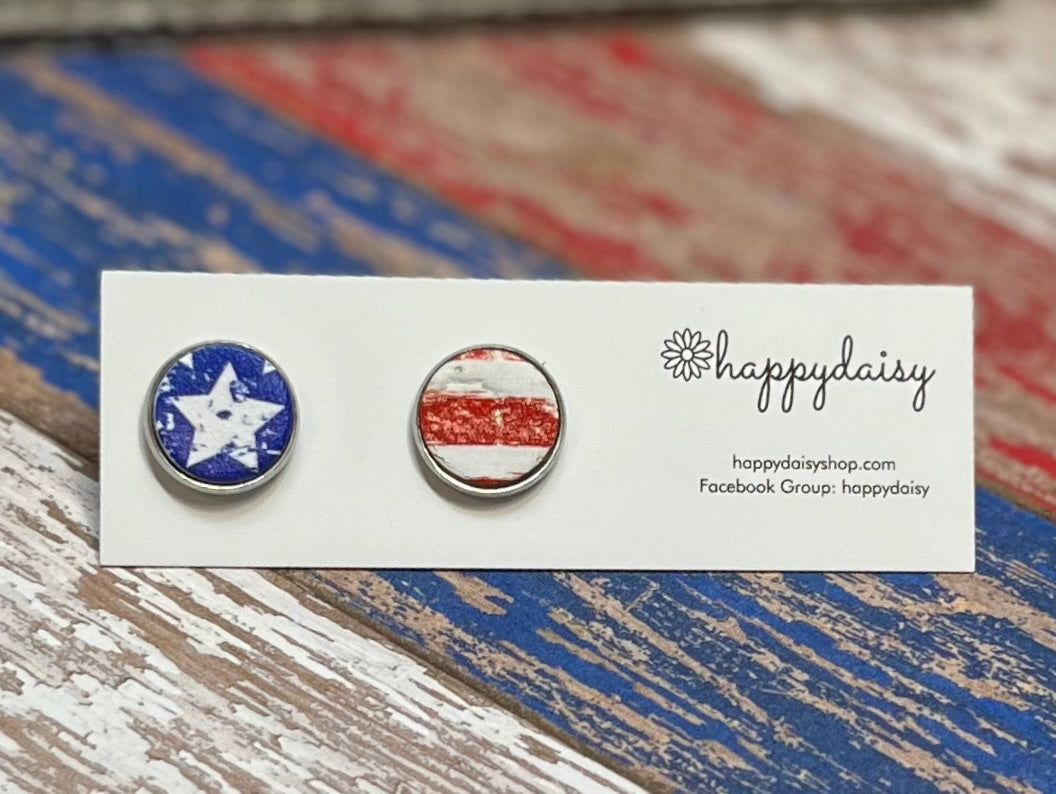 Patriotic Stars and Stripes Red, White, and Blue Cork on Leather 12 mm Stud Earrings