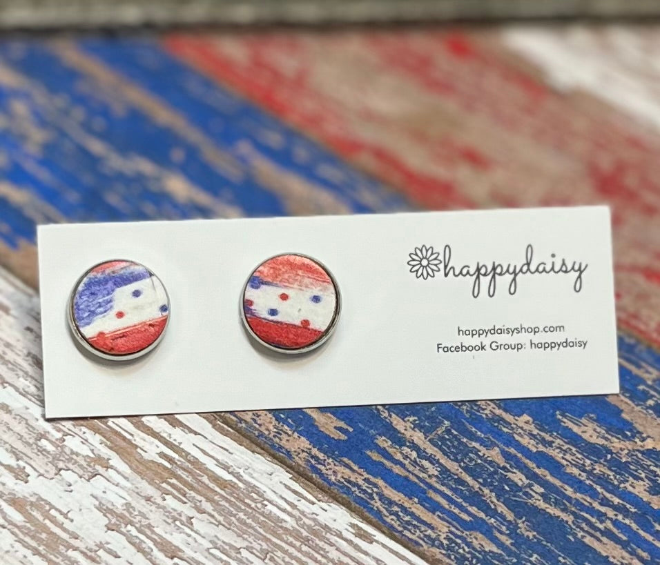 Patriotic Red, White, and Blue Cork on Leather 12 mm Stud Earrings