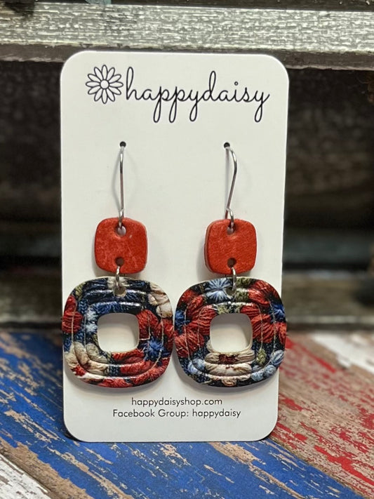 Patriotic Floral Embossed Cork on Leather Rounded Square Earrings