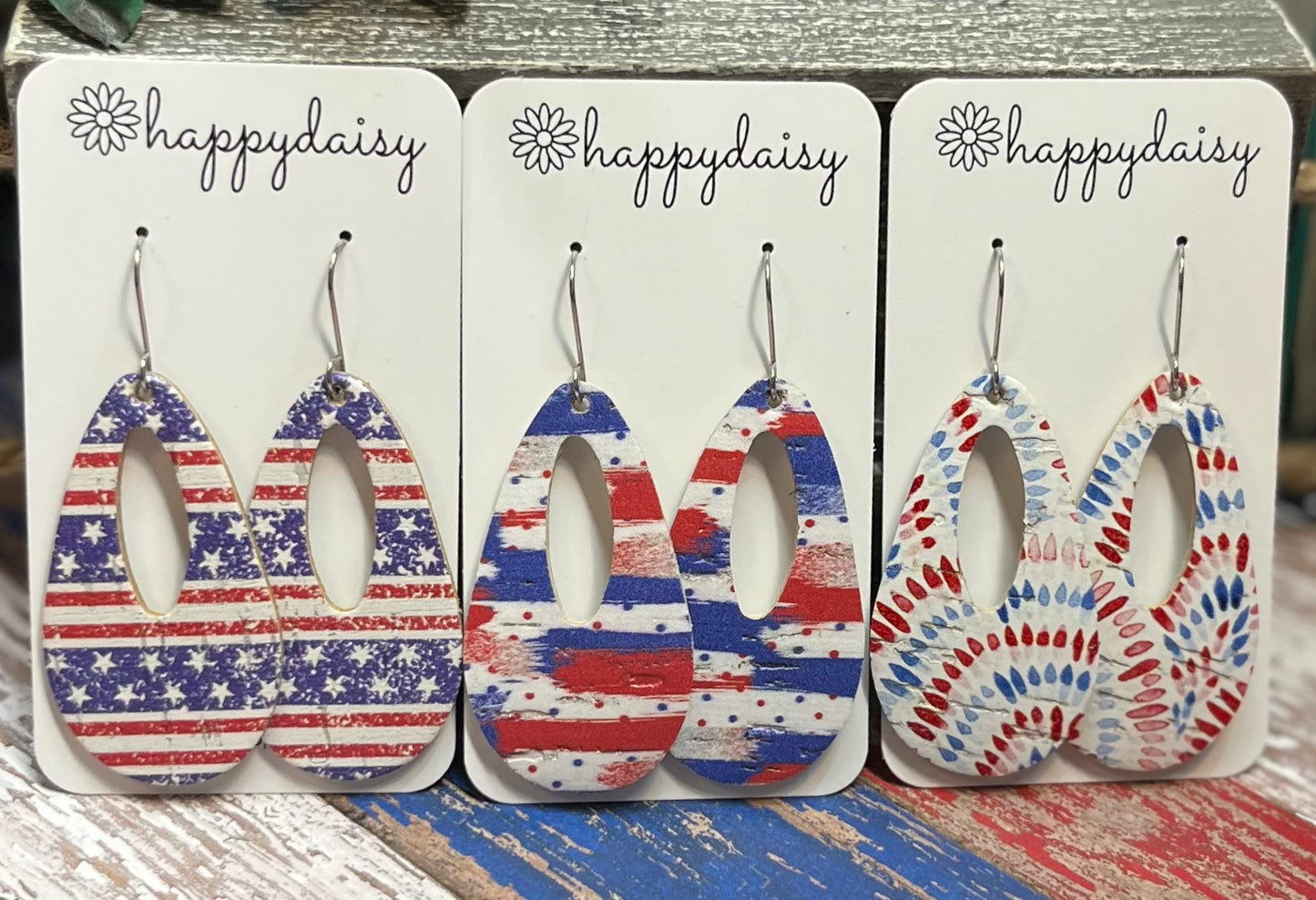 Patriotic Red, White, and Blue Cork on Leather "Jessie" Earrings