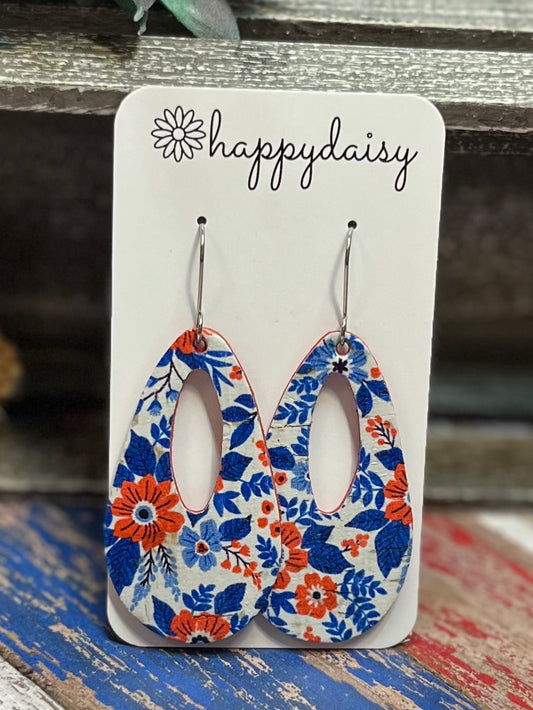 Patriotic Blue and Red Floral Print on White Cork on Leather "Jessie" Earrings