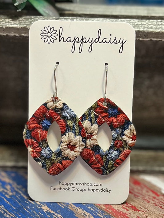 Patriotic Floral "Jenn" Cork on Leather Earrings