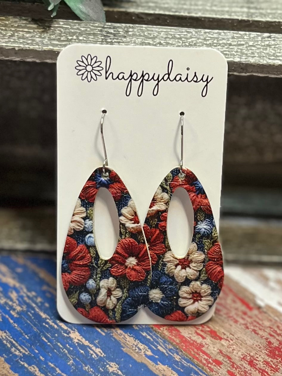 Patriotic Embroidered-Look Floral Print Cork on Leather "Jessie" Earrings