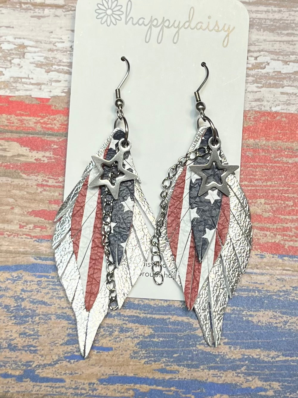 Patriotic Stars and Stripes "Gladys" Style Fringe Leaf 3.5" Layered Leather Earrings