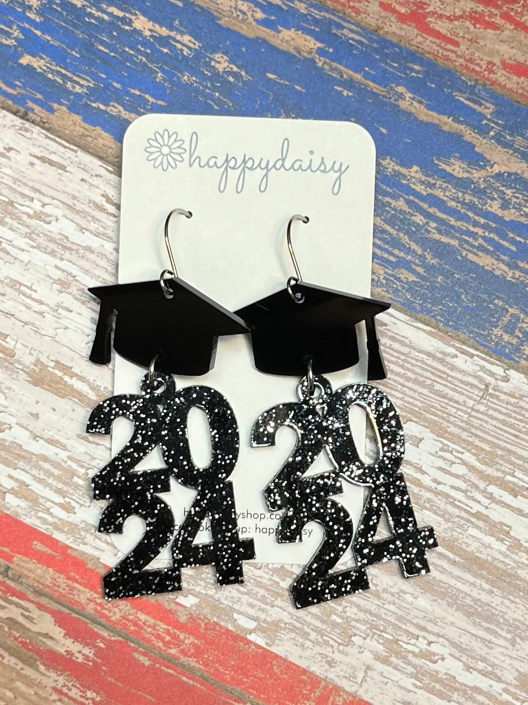 Graduation 2024 Black with Silver Glitter Acrylic Laser-cut Earrings 3 1/8"