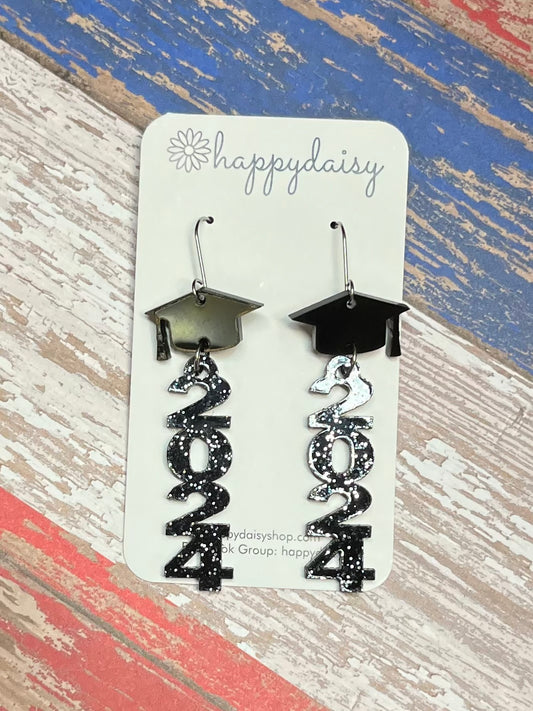 Graduation 2024 Black with Silver Glitter Acrylic Laser-cut Earrings 3"