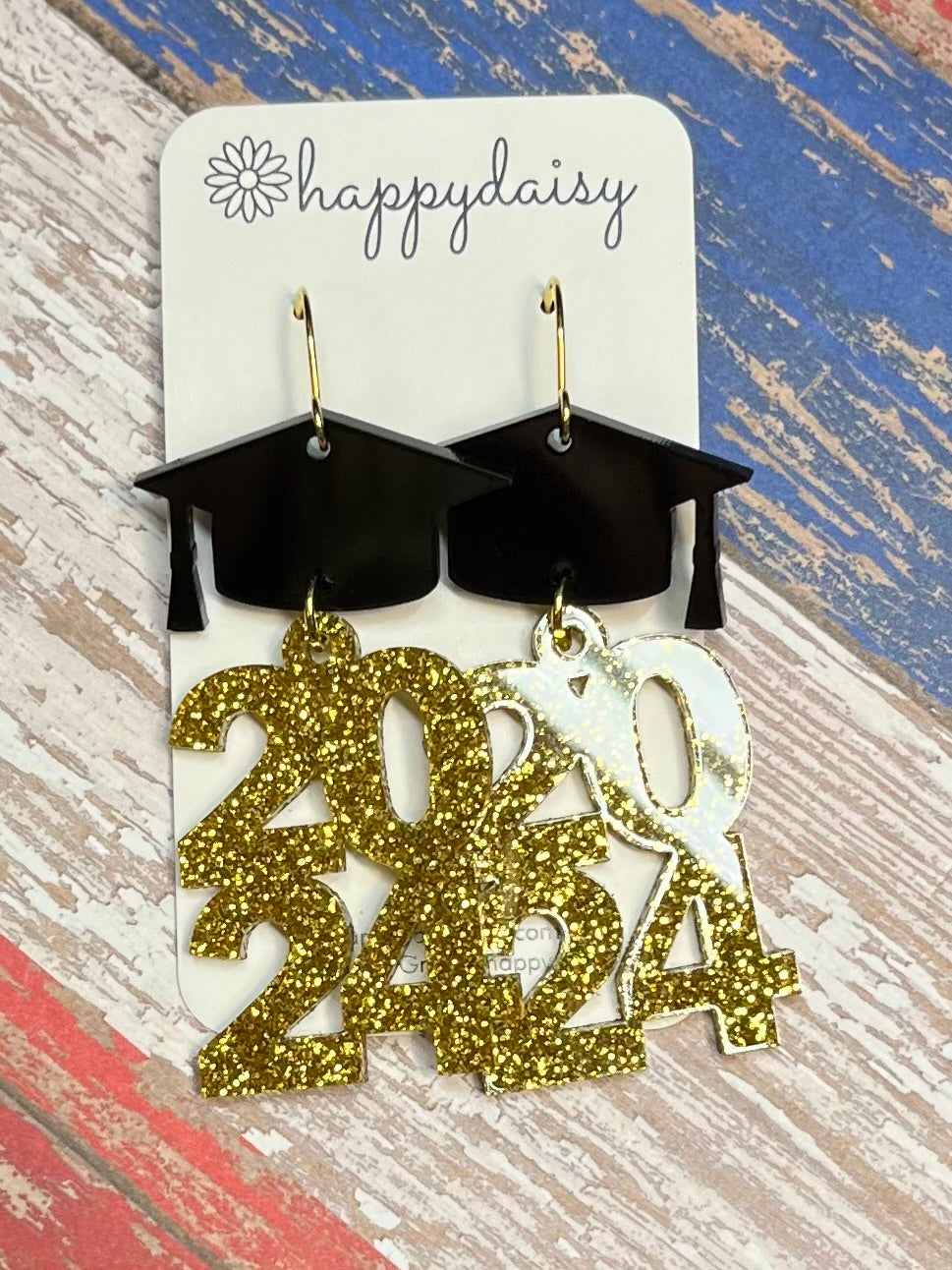 Graduation 2024 Gold Glitter Acrylic Laser-cut Earrings 3"