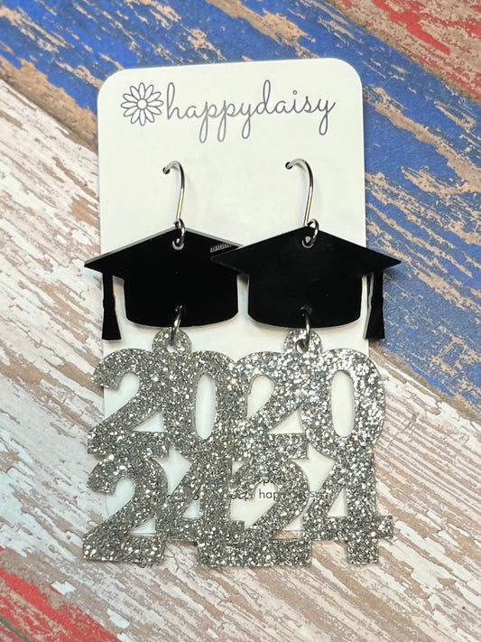 Graduation 2024 Silver Glitter Acrylic Laser-cut Earrings 3"