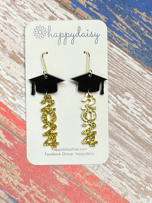 Graduation 2024 Gold Glitter Acrylic Laser-cut Earrings 2 1/2"