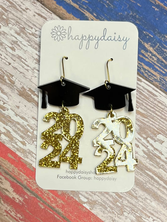 Graduation 2024 Gold Glitter Acrylic Laser-cut Earrings 2.5"