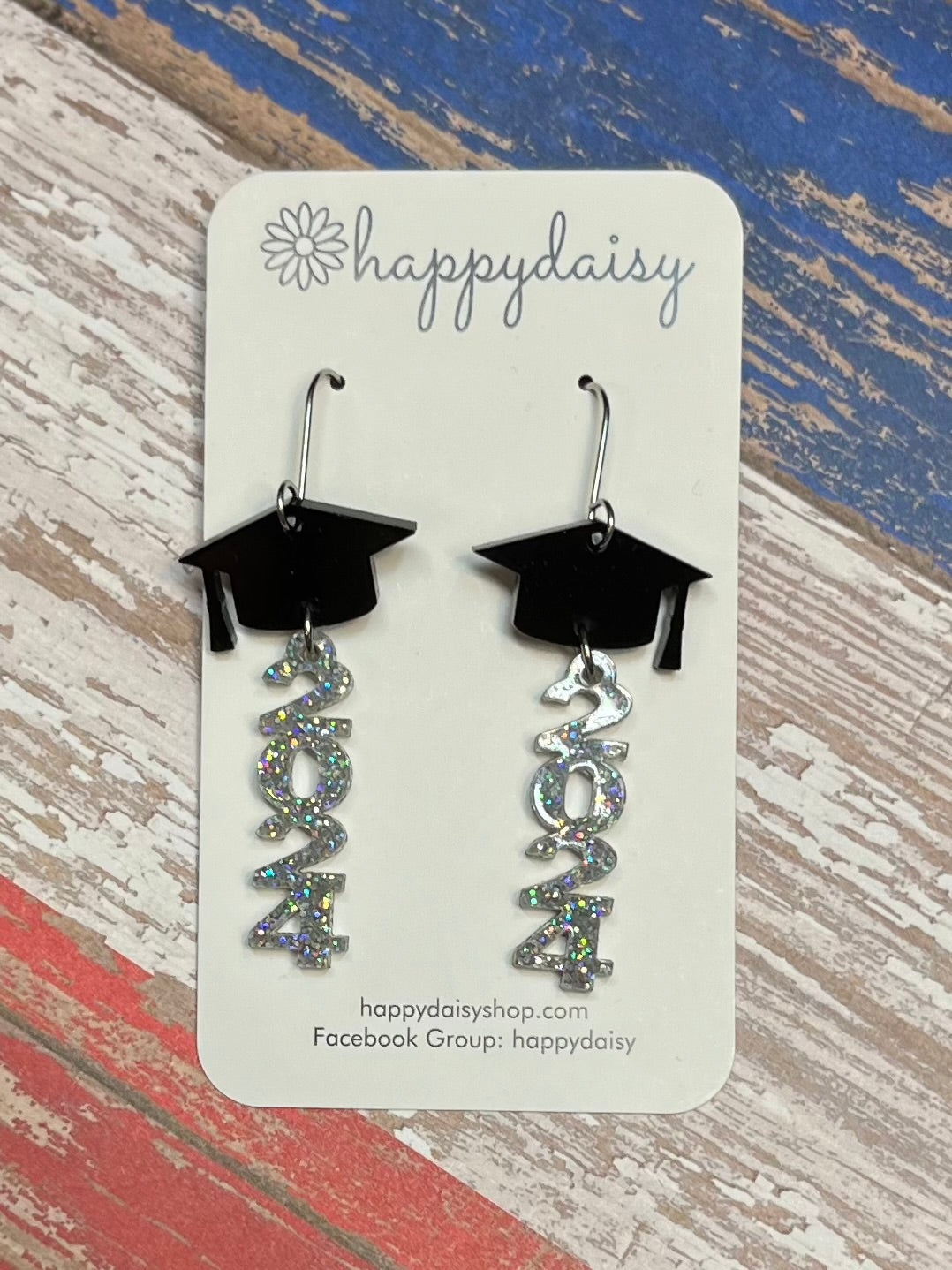 Graduation 2024 Silver Glitter Acrylic Laser-cut Earrings 2.5"