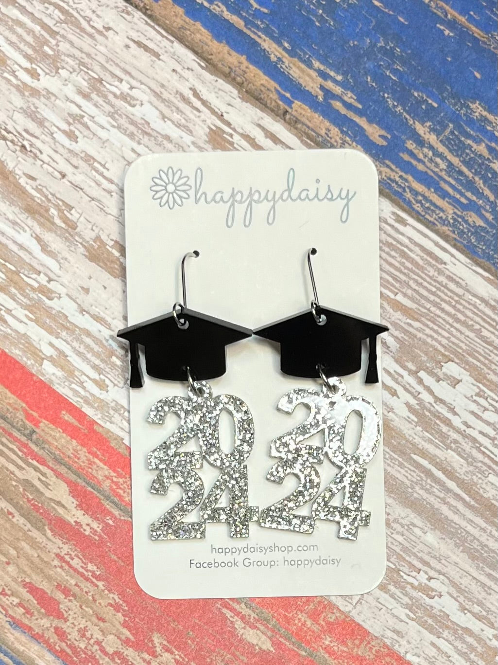 Graduation 2024 Silver Glitter Acrylic Laser-cut Earrings 2.5"