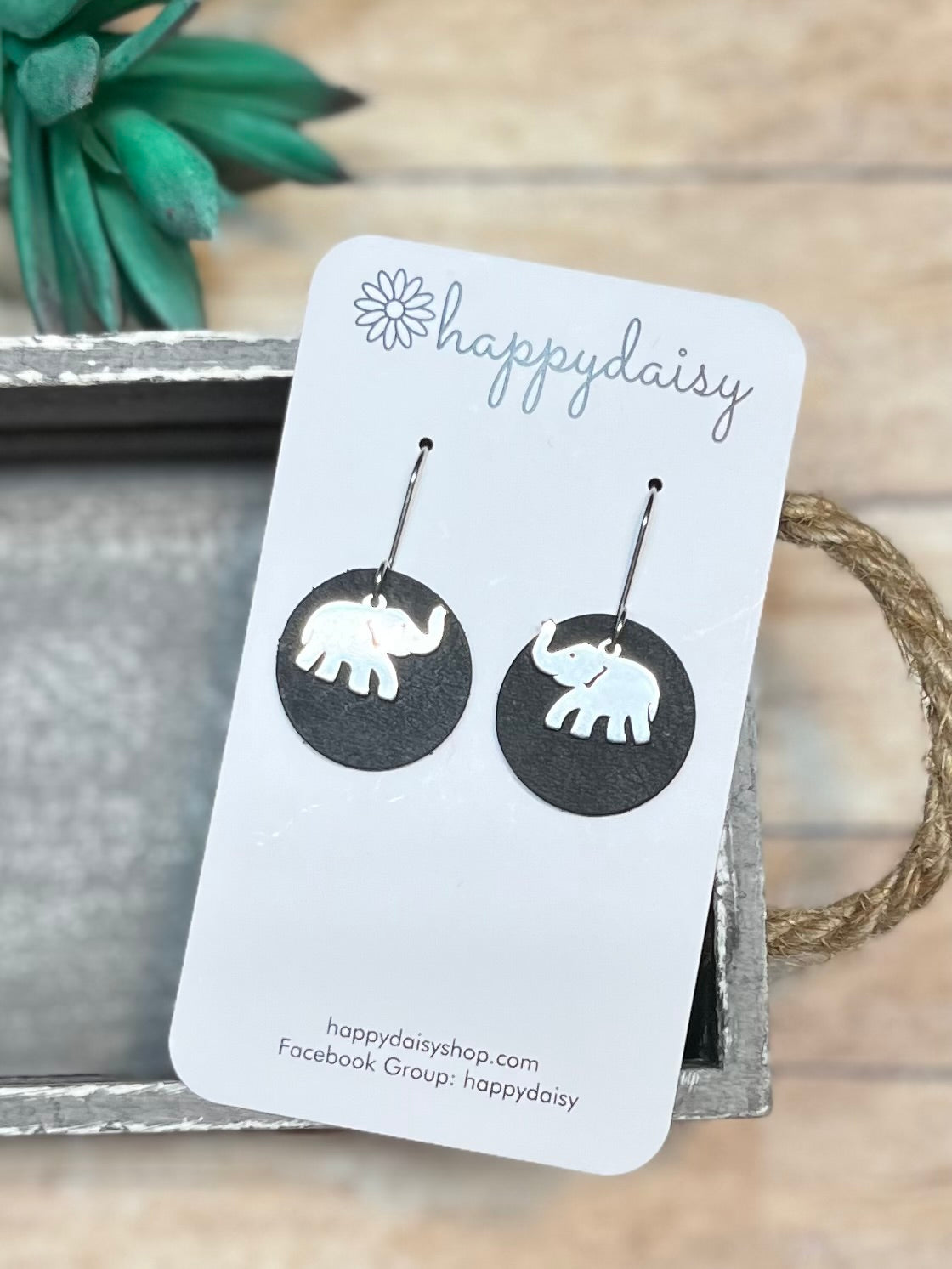 Elephant Charm on Black Leather Circle Earrings