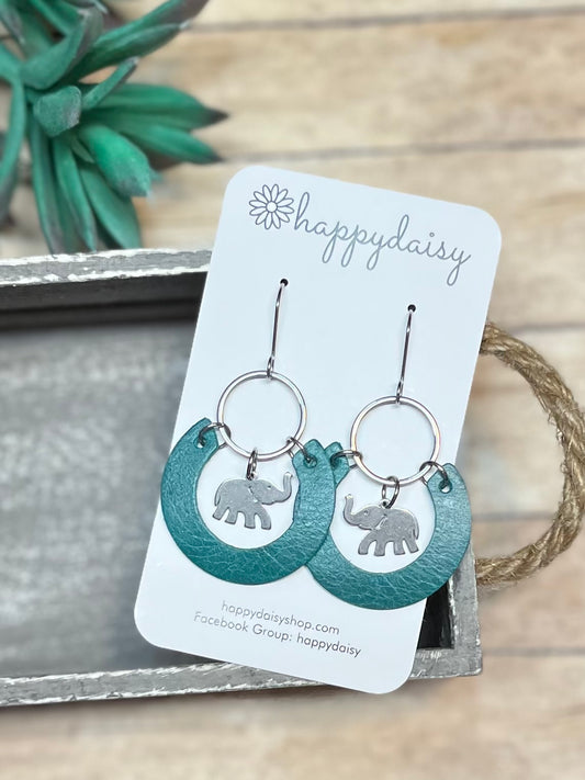 Elephant Charm on Teal Leather and Metal Open Circle Earrings