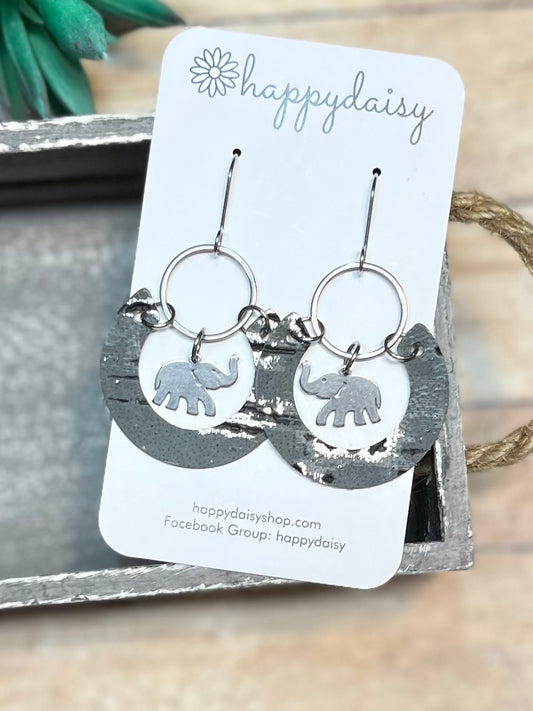 Elephant Charm on Gray and Silver Wildwood Leather and Metal Open Circle Earrings